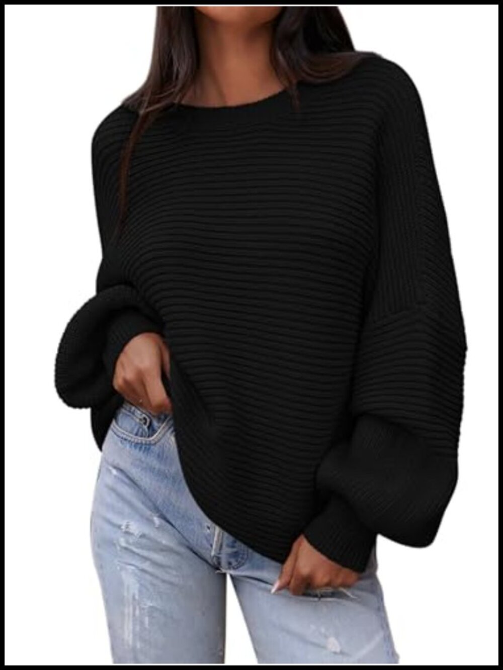 Oversized Chunky Knit Sweater Womens Fall Round Neck Lantern Sleeve
